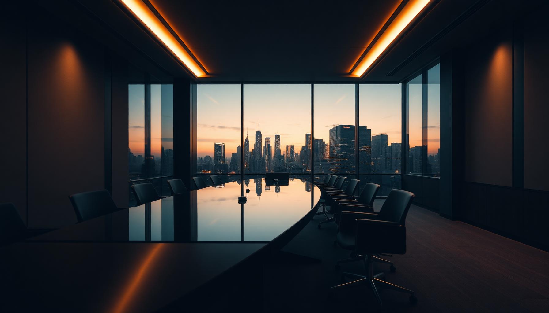 Modern institutional boardroom at dusk, glass and steel architecture, empty and atmospheric