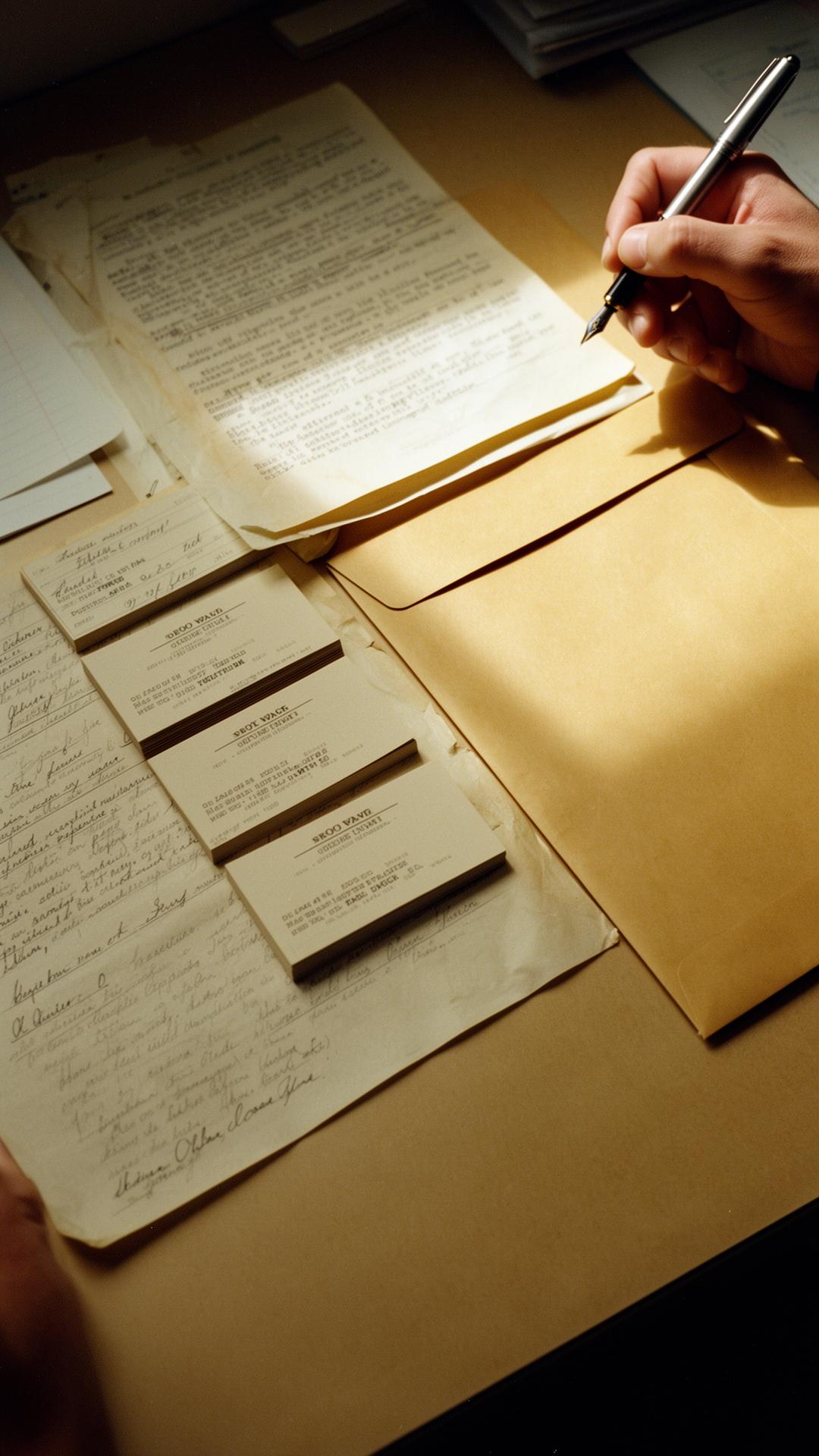 Hand of an analyst reviewing archival documents and index cards